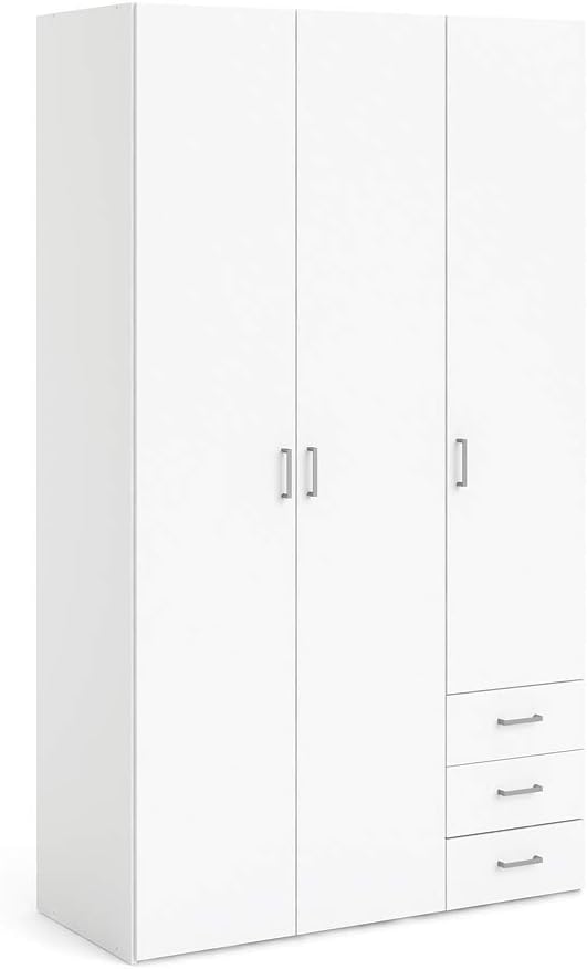Kleiderschrank, mit drei Türen und drei Schubladen, Farbe Weiß, Maße 115 × 200 × 49 cm, Tvilum
