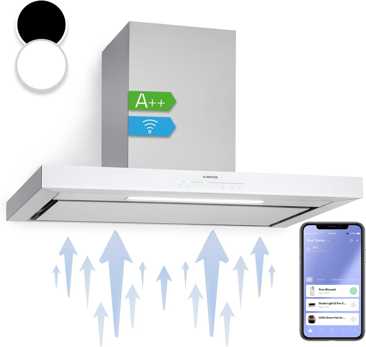 Klarstein Dunstabzugshaube, 90cm, Abzugshaube Leise, 577 m³/h Luftstrom, Wandhauben für die Küche mit App Control, Dunstabzug 90 cm