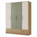 Kleiderschrank aus Holz mit 4 Türen und 2 Schubladen, Beige/Grün