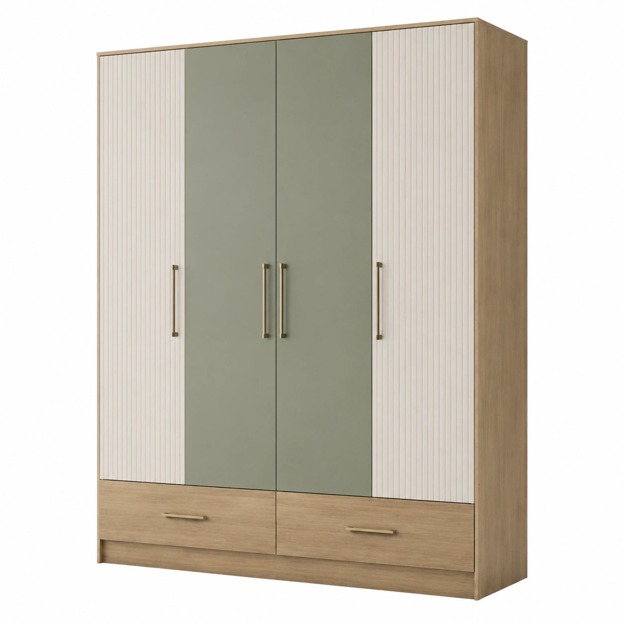 Kleiderschrank aus Holz mit 4 Türen und 2 Schubladen, Beige/Grün
