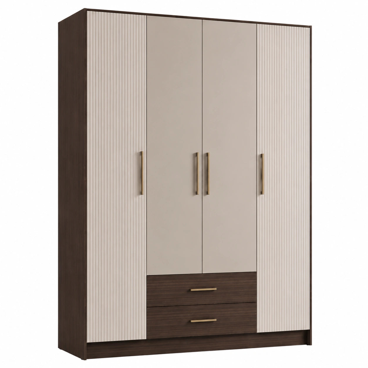 Kleiderschrank mit 4 Türen aus MDF und Metallgriffen Braun/Beige