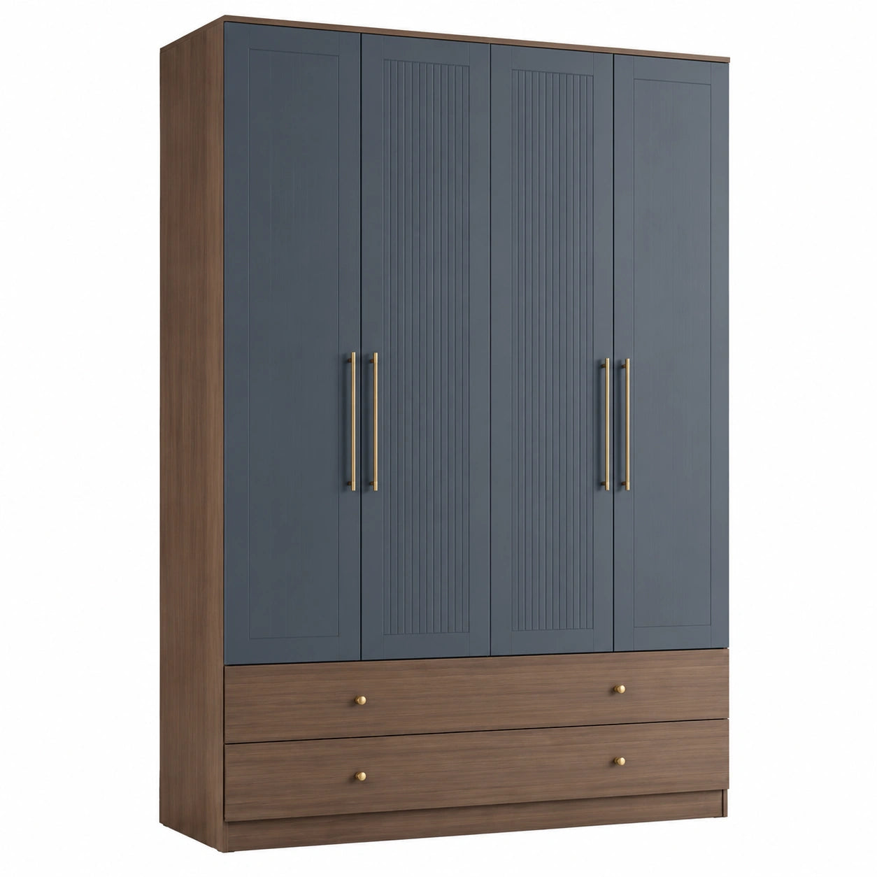 Kleiderschrank mit vier Türen und zwei Schubladen aus Holz und MDF Blau Braun 180x200x60cm