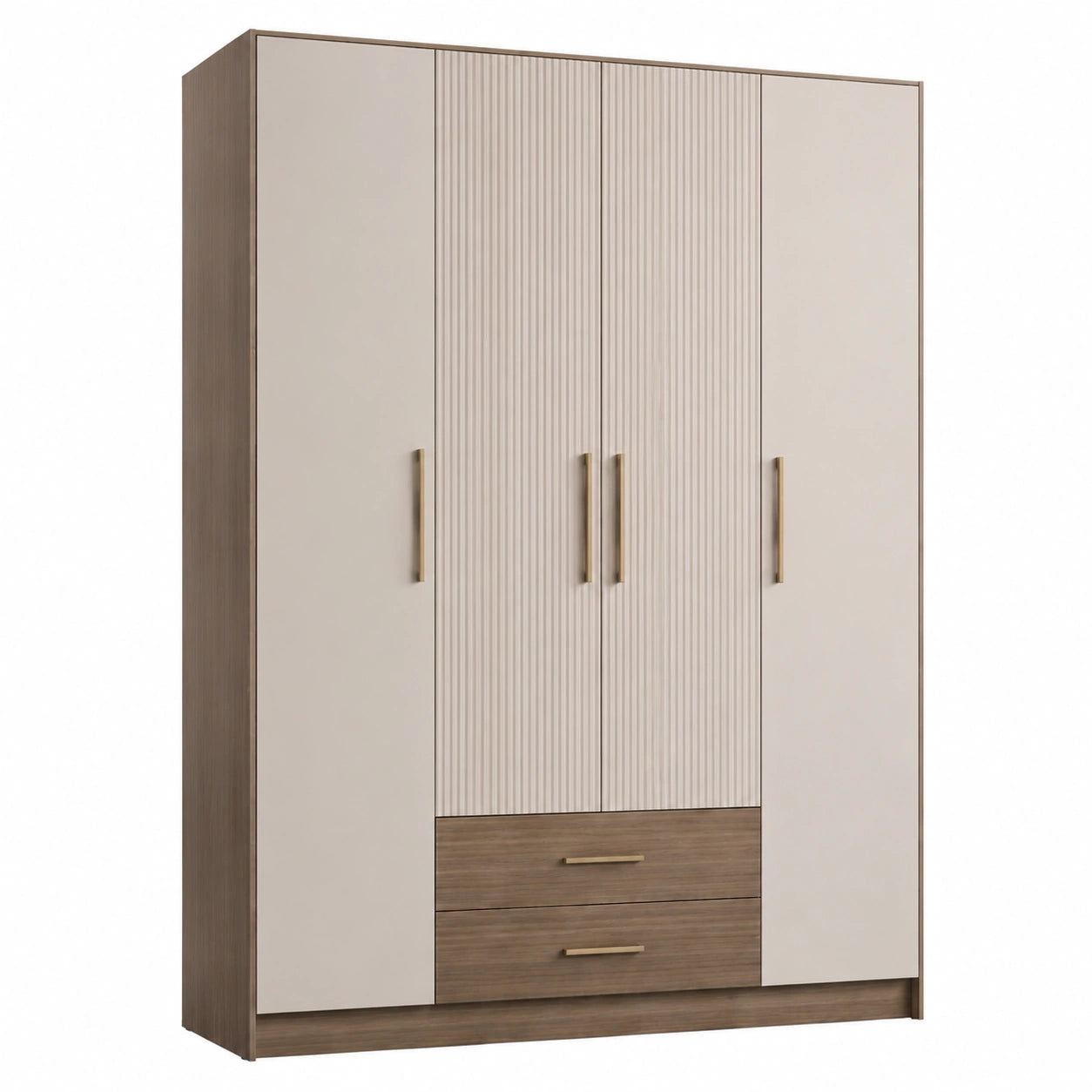 Holz Kleiderschrank mit 4 Türen und 2 Schubladen Beige/Holzbraun 180x60x200 cm
