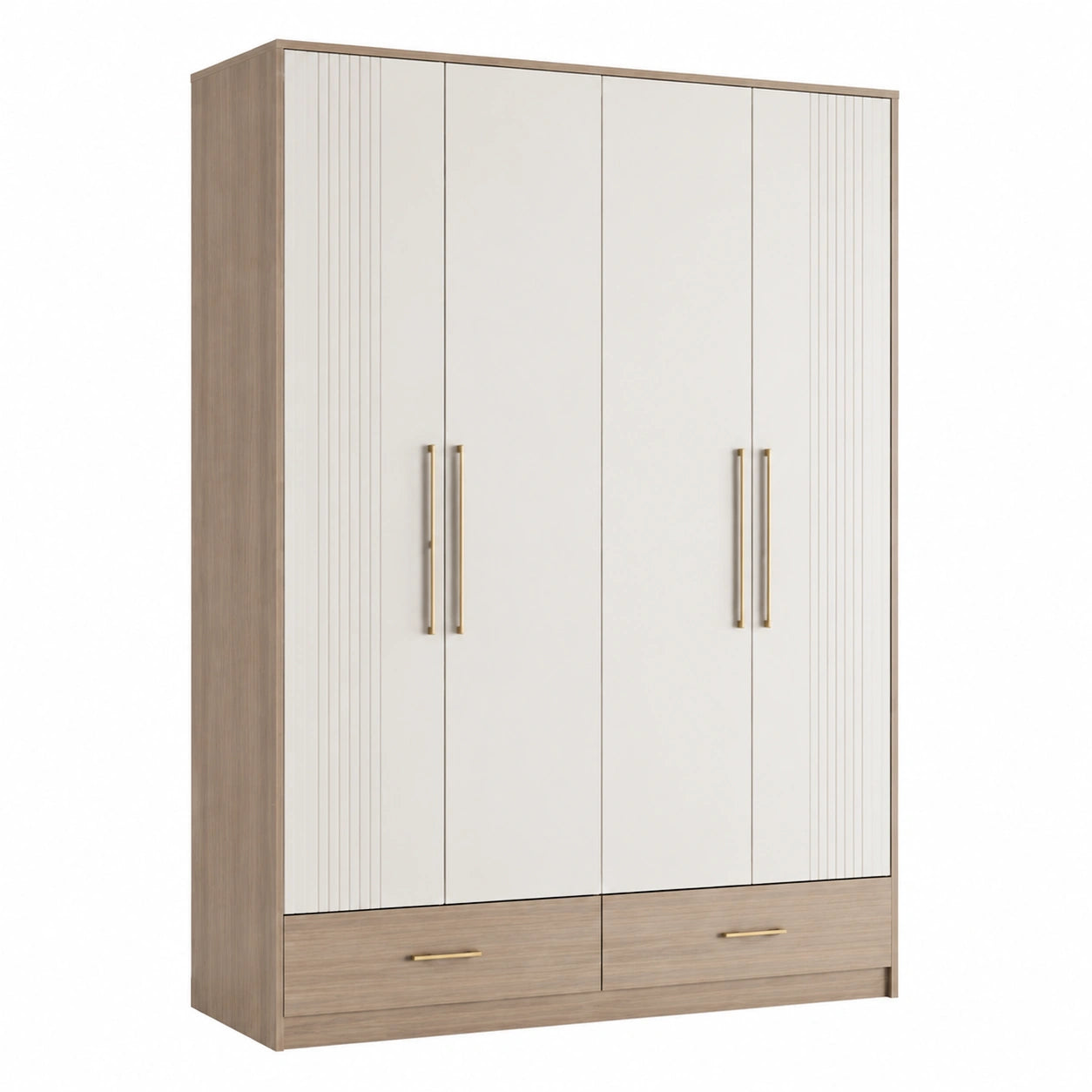 Kleiderschrank Holz Weiß mit 4 Türen und 2 Schubladen