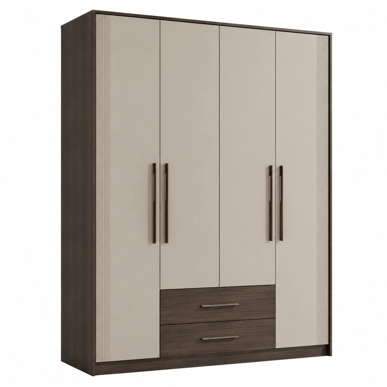 Kleiderschrank mit 4 Türen in Beige und Dunkelbraun, 2 Schubladen, Holz