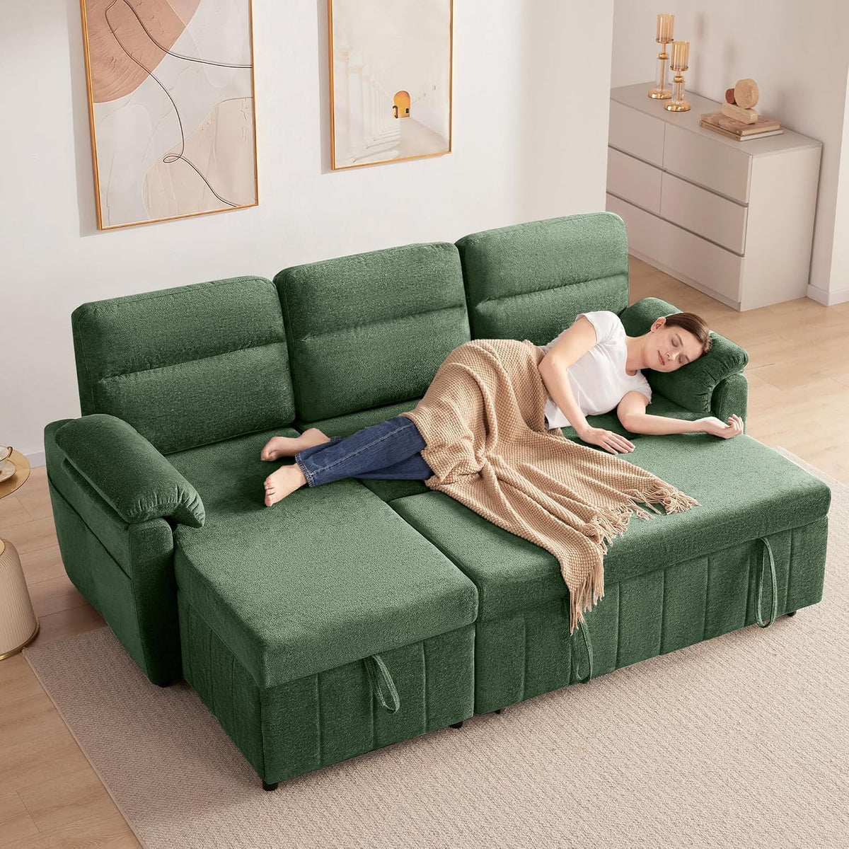 Sofa 203cm Eck, mit Schlaffunktion & Bettkasten, 3-Sitzer ausziehbares L-Form Schlafsofa mit USB & Stauraum