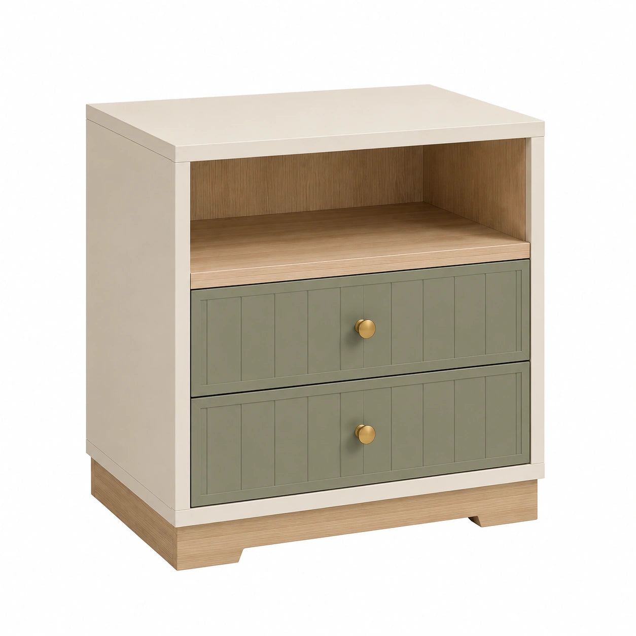 Nachttisch mit 2 Schubladen und offenem Fach MDF Holz Metall Beige Grün 60x40x70cm