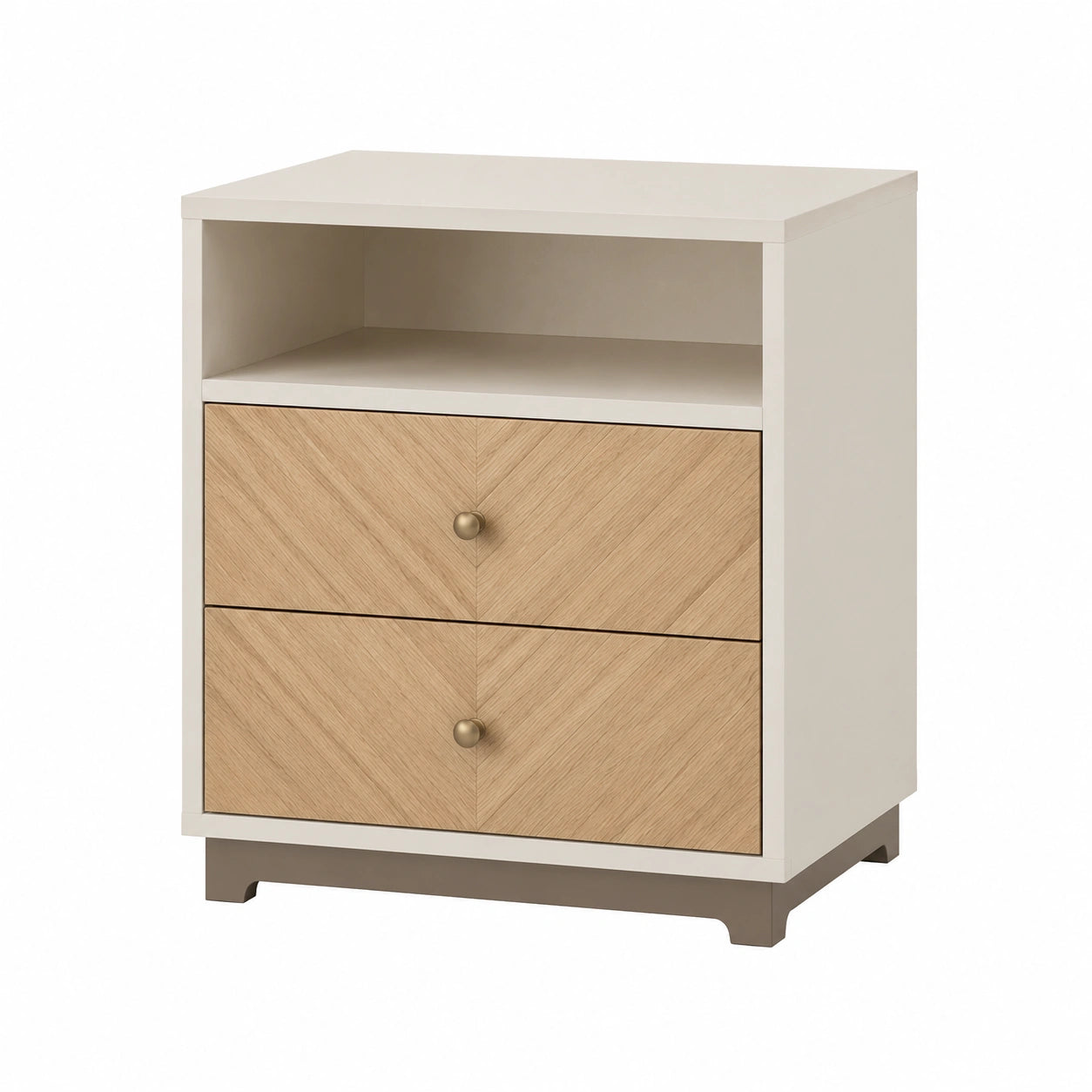 Nachttisch aus MDF und Eichenfurnier mit 2 Schubladen, Weiß/Eiche