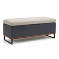 Sitzbank mit Stauraum aus Holz und Leinenpolsterung in Dunkelblau/Beige
