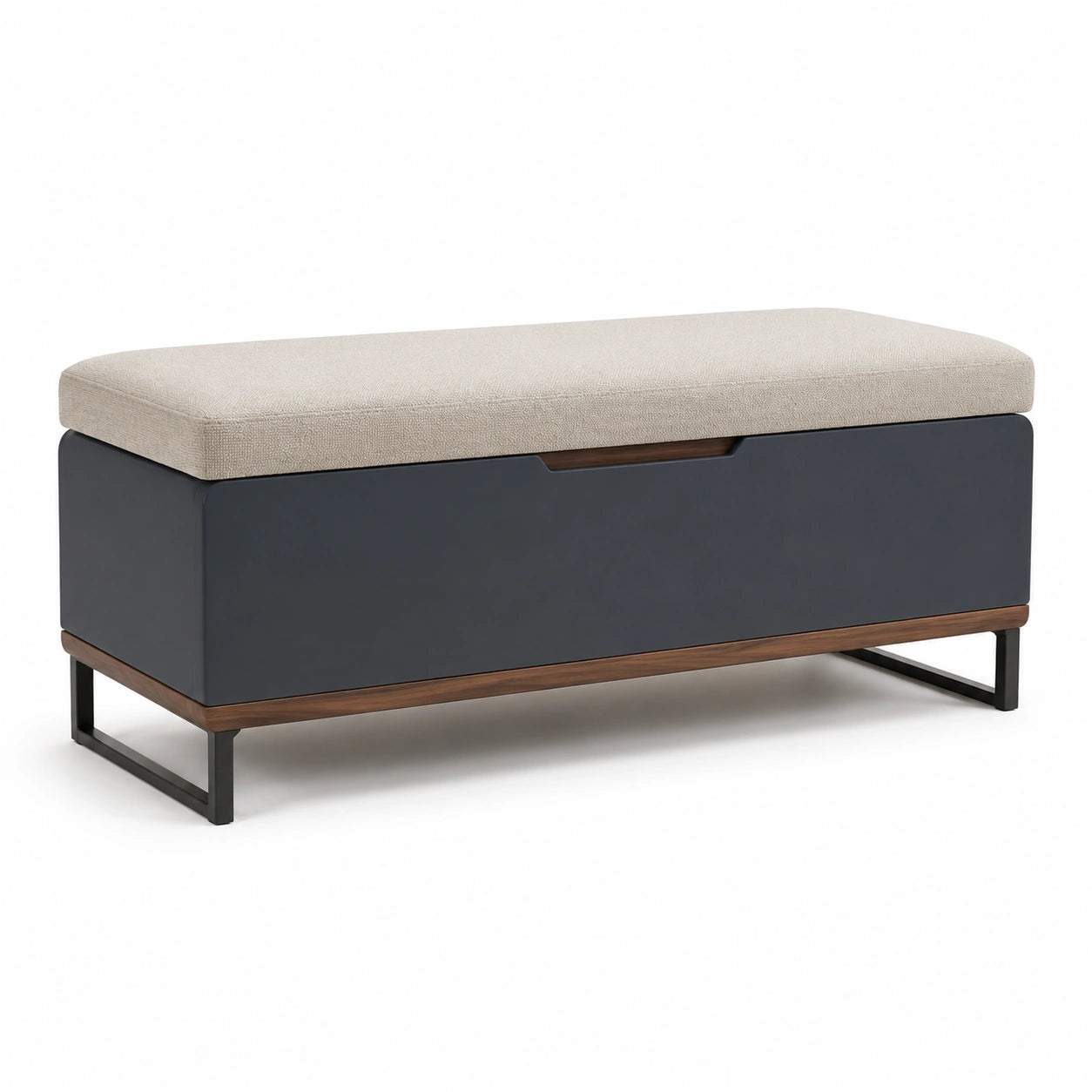 Sitzbank mit Stauraum aus Holz und Leinenpolsterung in Dunkelblau/Beige