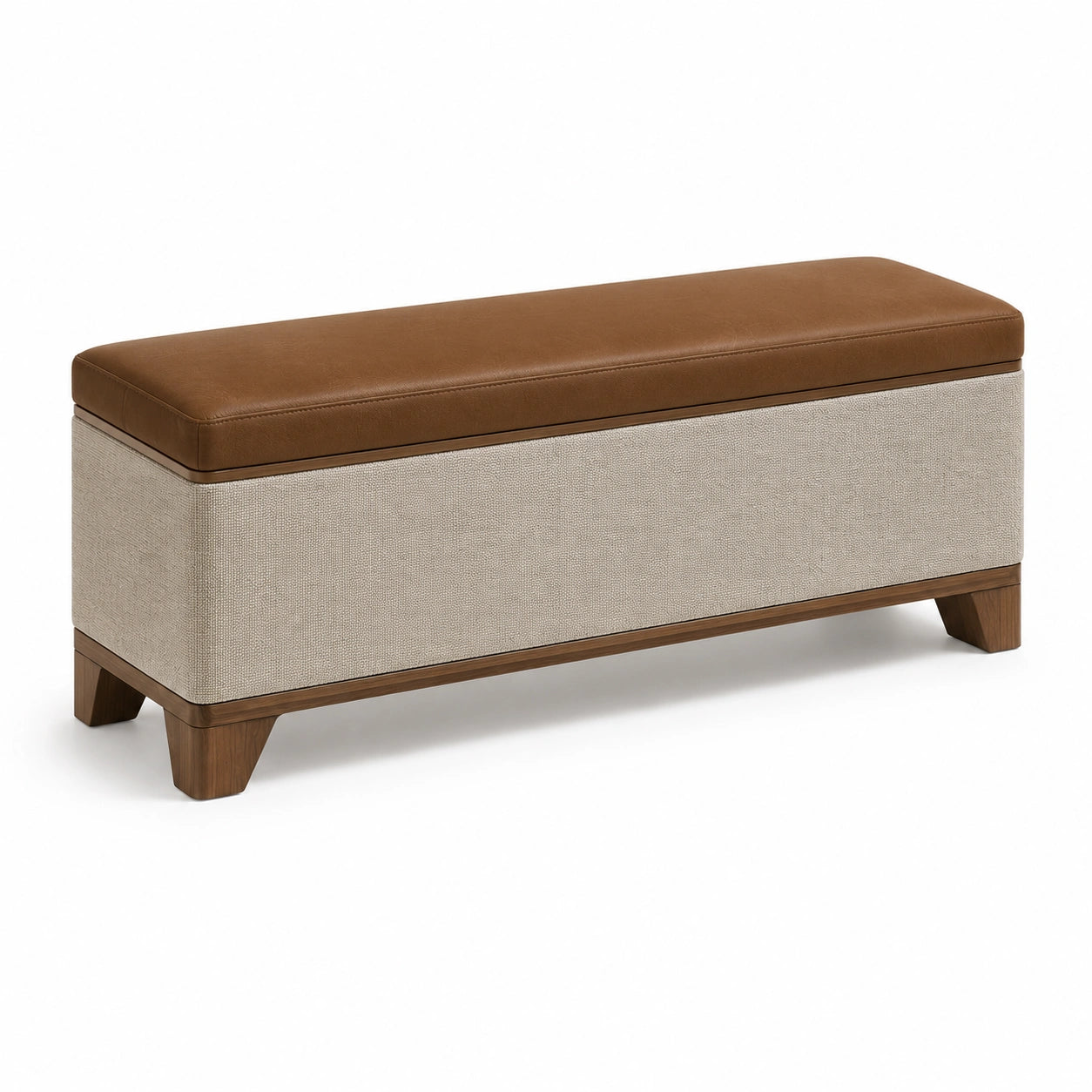 Holzbank mit PU-Leder und Leinenpolster, Braun/Beige