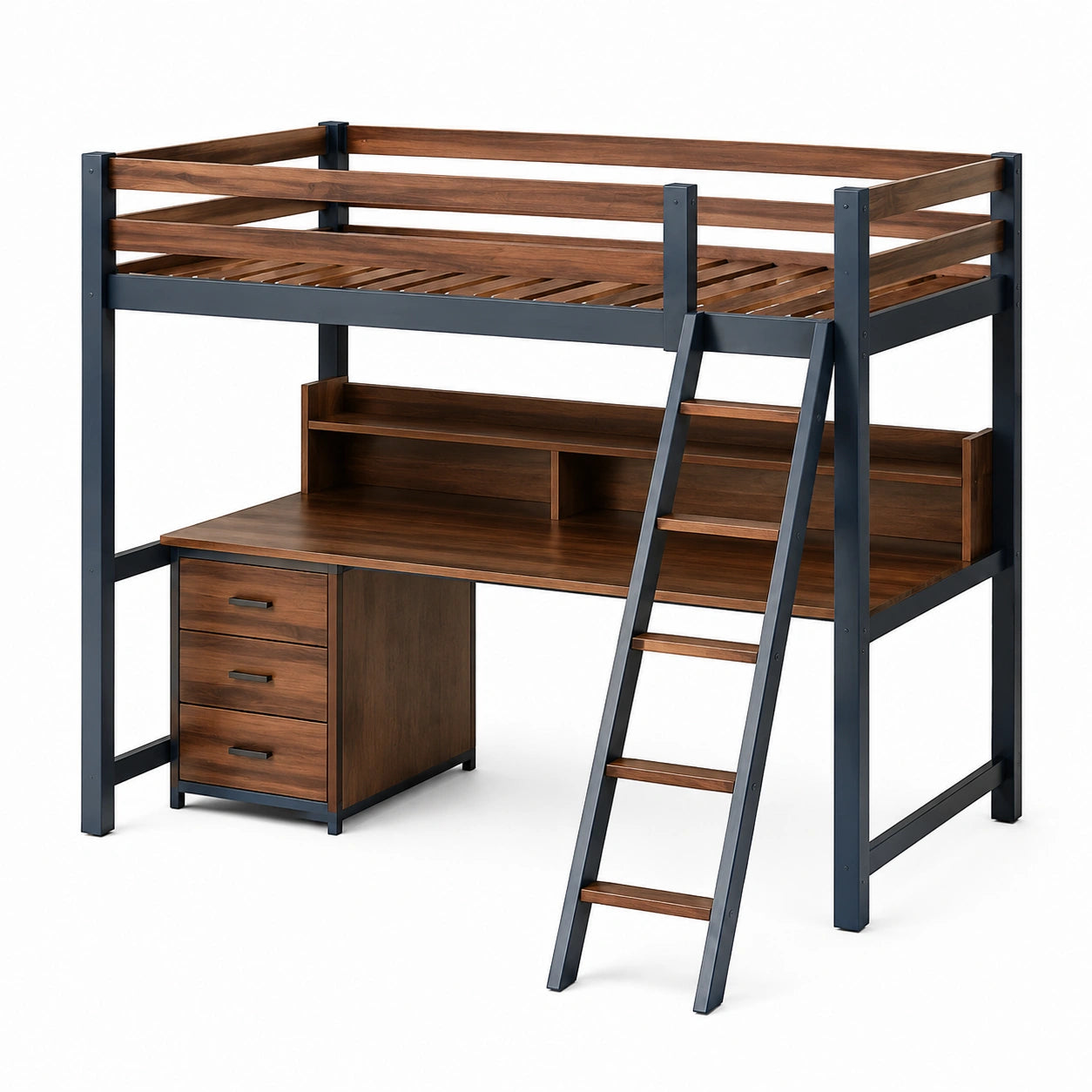 Hochbett aus Metall und Kiefernholz mit Schreibtisch Dunkelbraun 200 x 90 cm