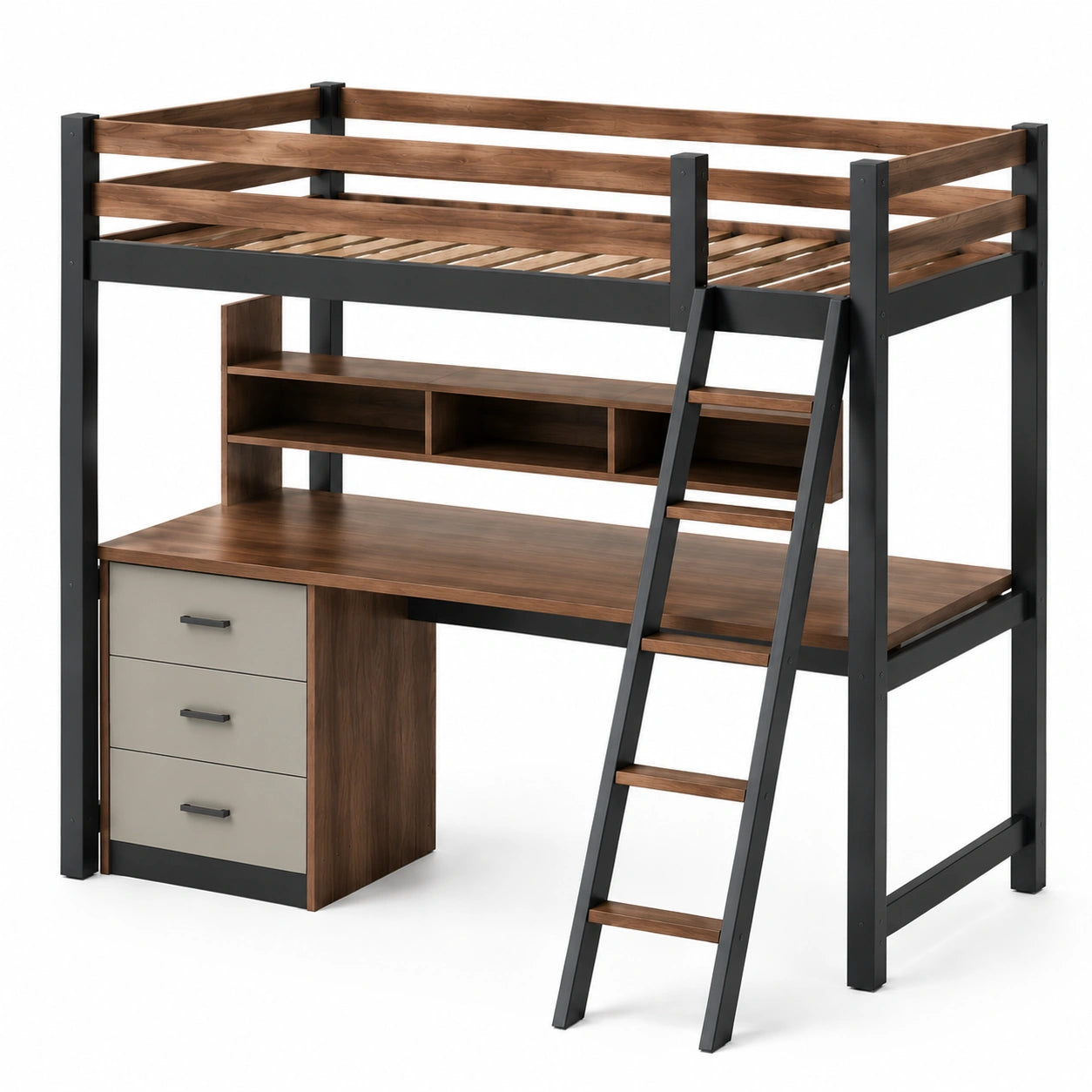 Hochbett aus Walnussholz und Metall mit Schreibtisch, Leiter und Schubladen