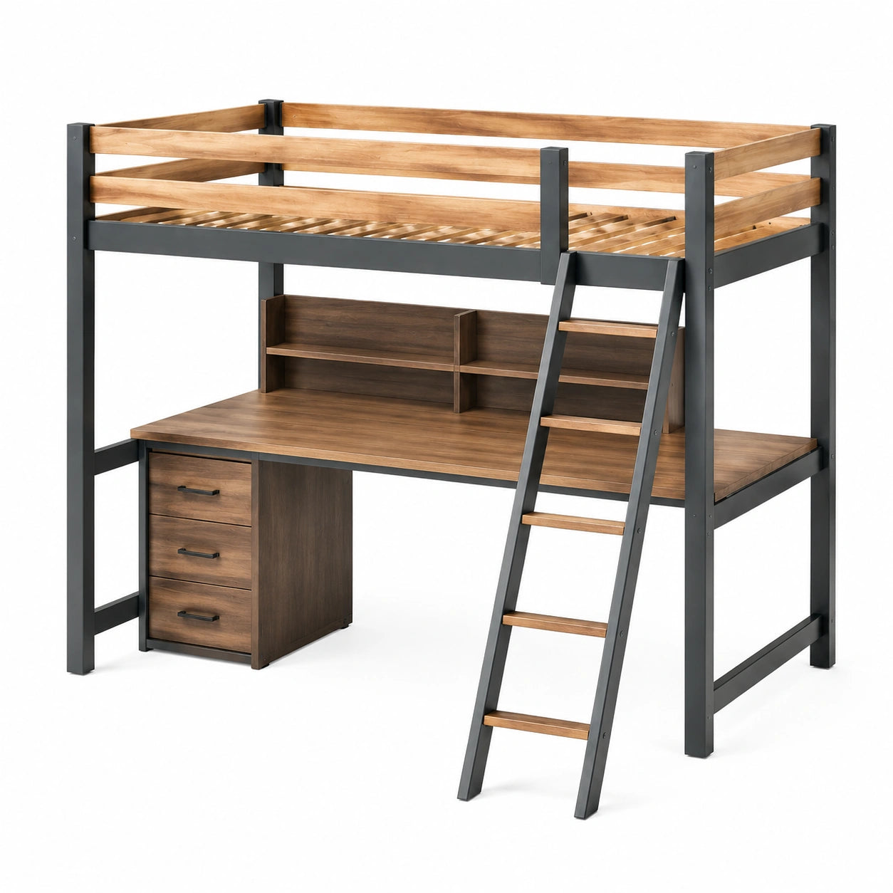 Hochbett mit Schreibtisch und Leiter aus Holz und Metall, Braun/Schwarz