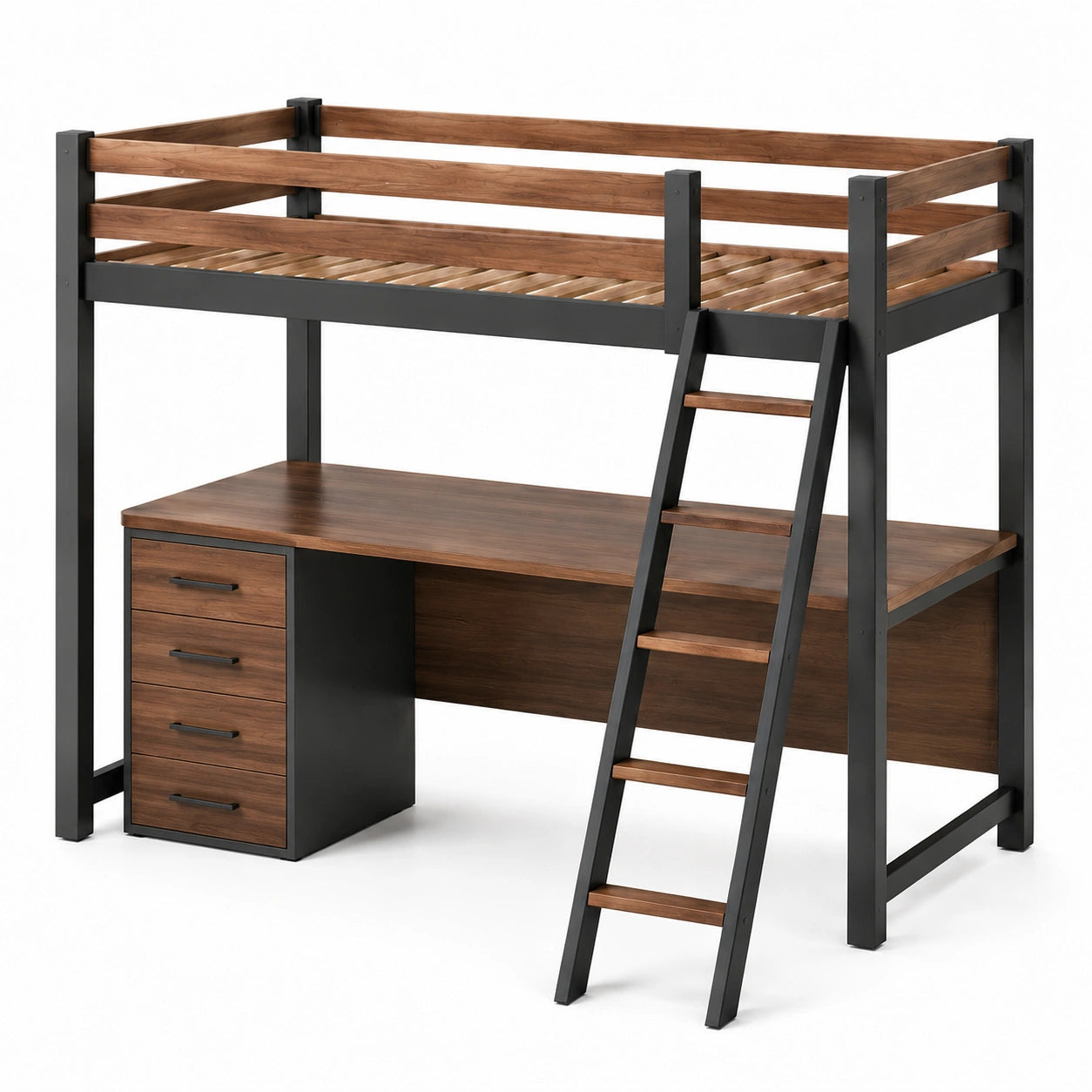 Holz- und Metall-Hochbett mit Schreibtisch und Schubladen 200x90 cm