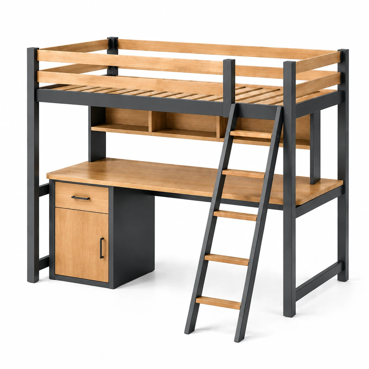 Hochbett mit Schreibtisch und Leiter Kiefernholz/Stahl 200x100 cm