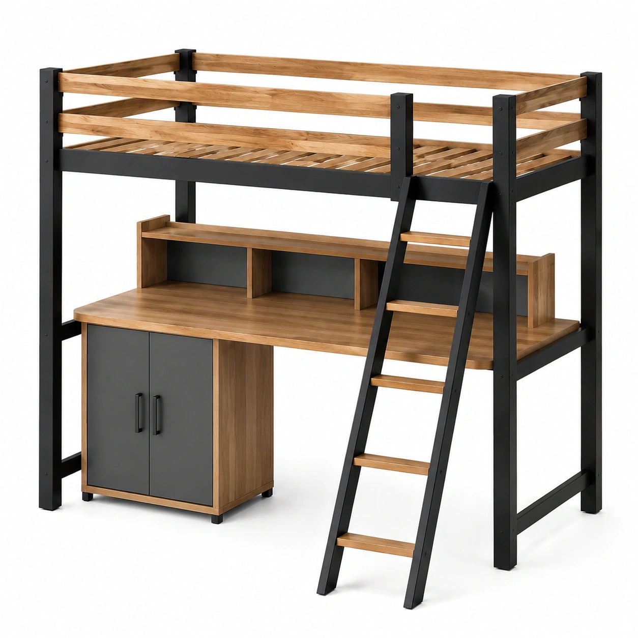 Hochbett mit Schreibtisch Kiefernholz/Stahl Schwarz/Braun 200 cm