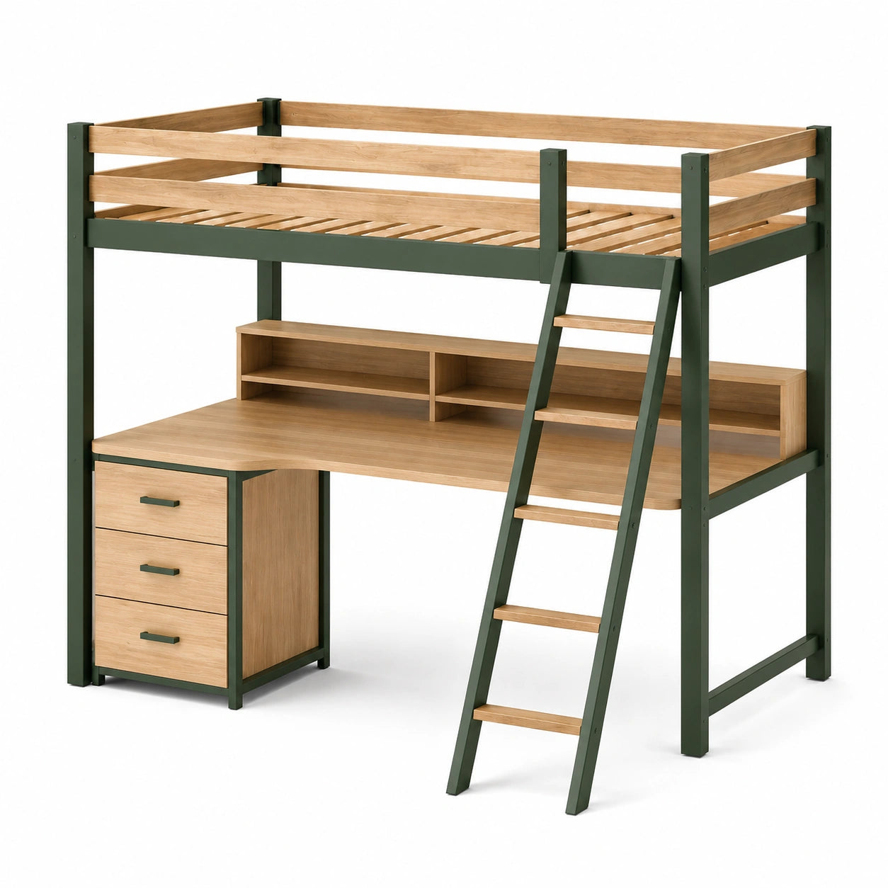 Etagenbett aus Holz und Metall mit Schreibtisch