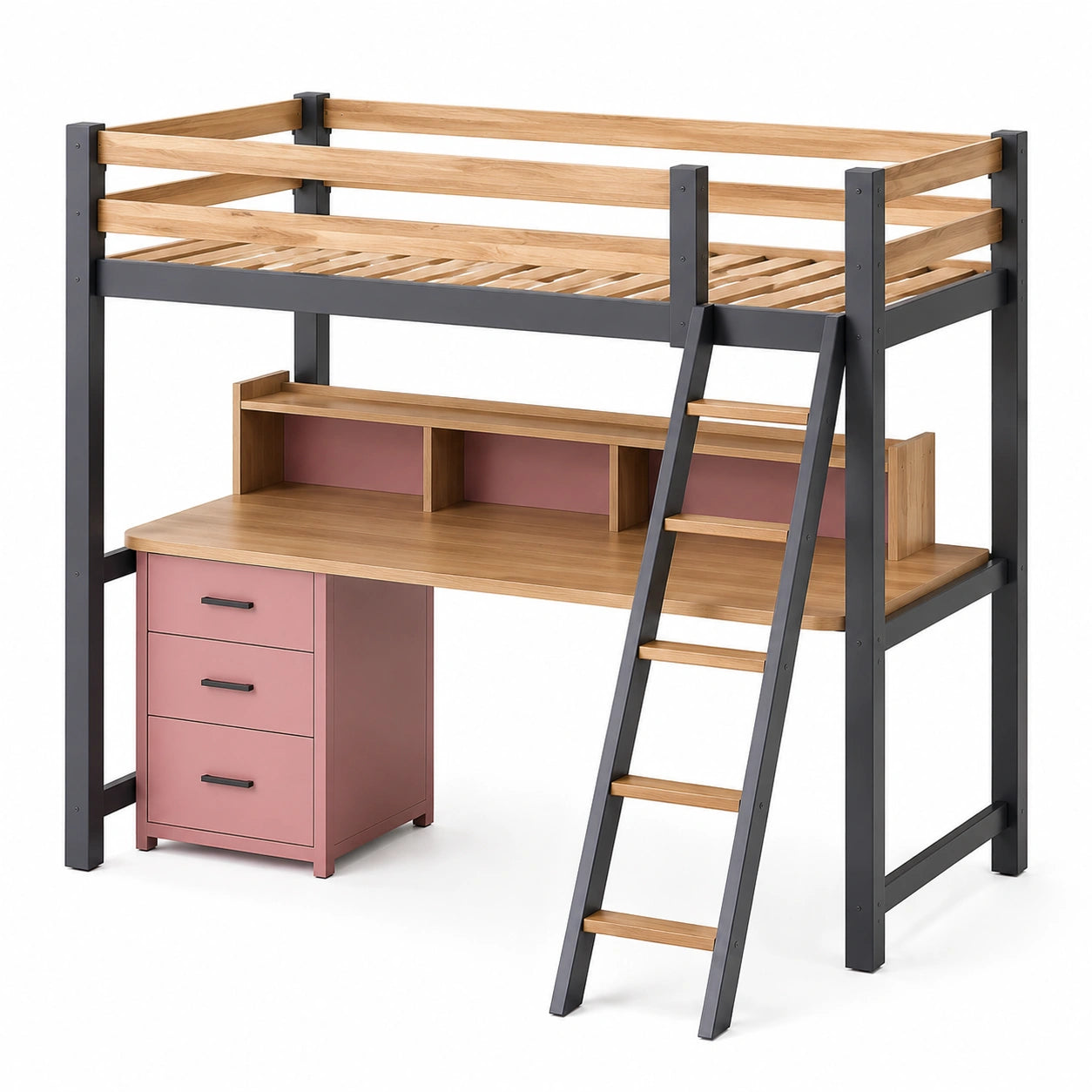 Hochbett mit Schreibtisch und Regalen Holz/Metall Eiche/Schwarz 200x100x180 cm