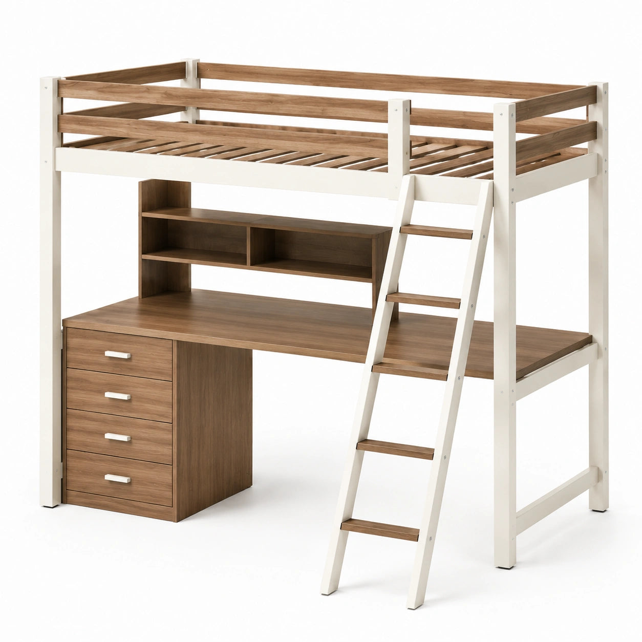 Hochbett aus Holz und Metall mit Schreibtisch und Stauraum Hellbraun/Weiß