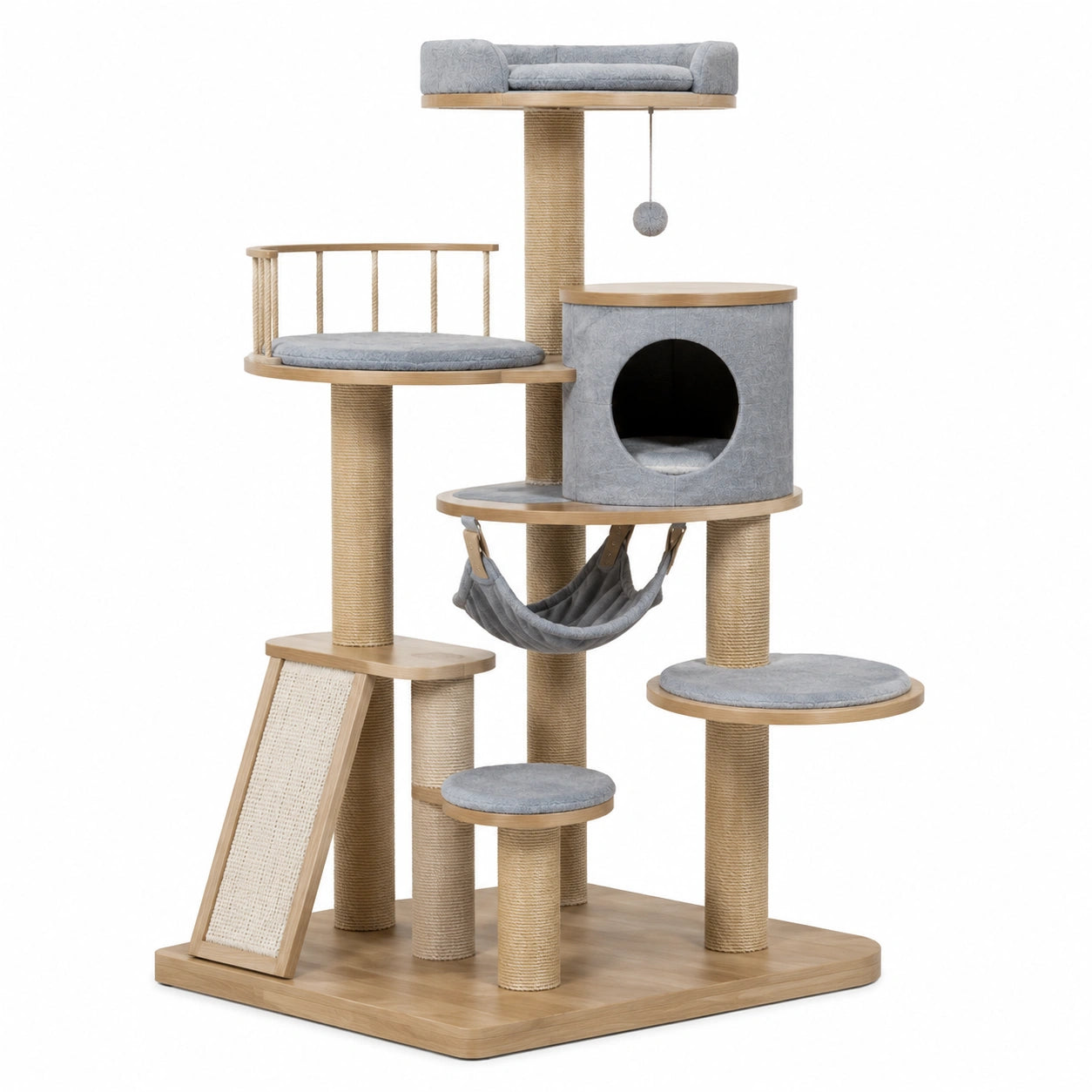 Katzenkratzbaum aus MDF und Plüsch, 141 cm, Beige/Grau