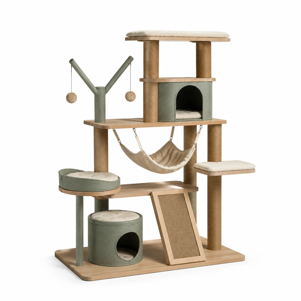 Katzenbaum aus Holz und Leinen mit Hängematte