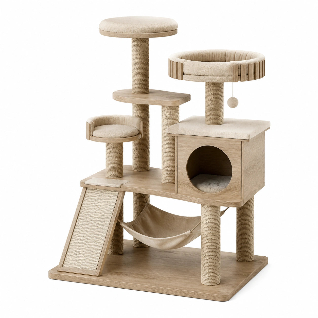 Kratzbaum aus MDF-Holz mit Sisal und Leinen in Beige