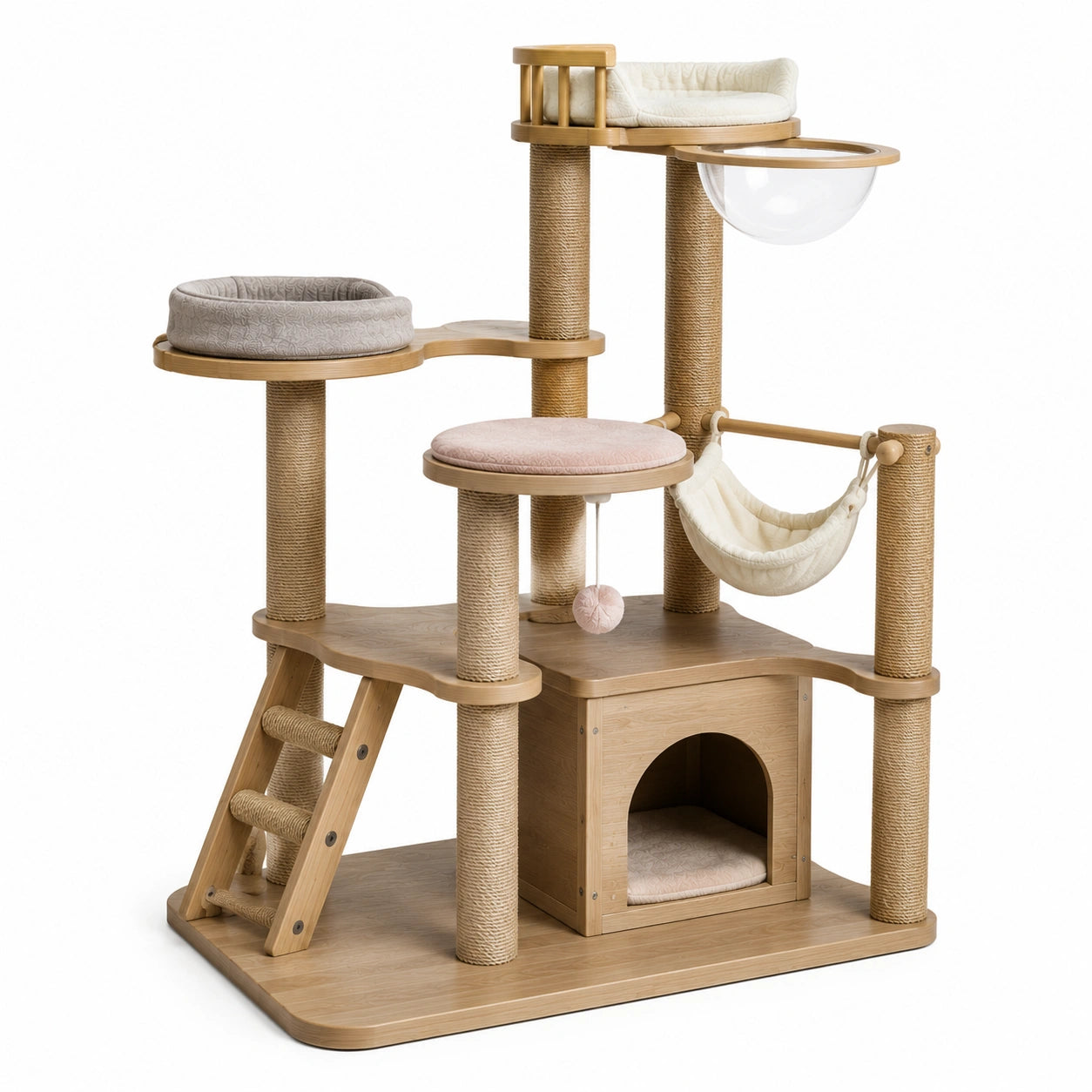 Mehrstöckiger Katzenbaum aus Holz mit Sisal und Baumwolle, 120 cm Höhe, mit Höhle, Hängematte und Liegeflächen