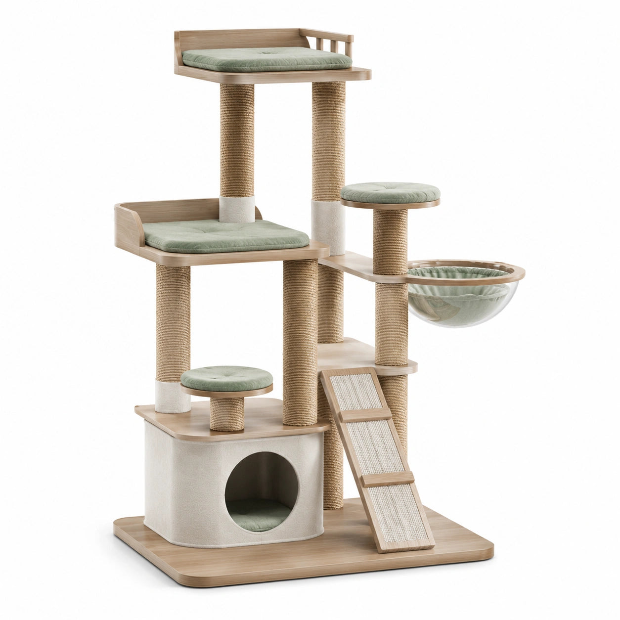 Katzenkratzbaum aus MDF mit Sisal und Polyesterkissen, Beige/Grün, 150 cm