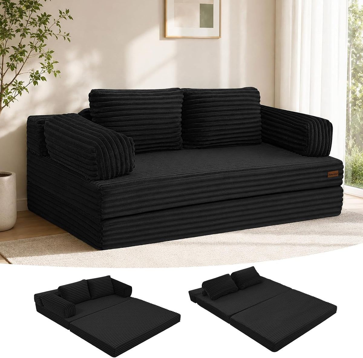 Sofa Cord Schlaf, Klappbares Bodensofa 3-in-1 mit Kissen Schwarz, MeMoreCool