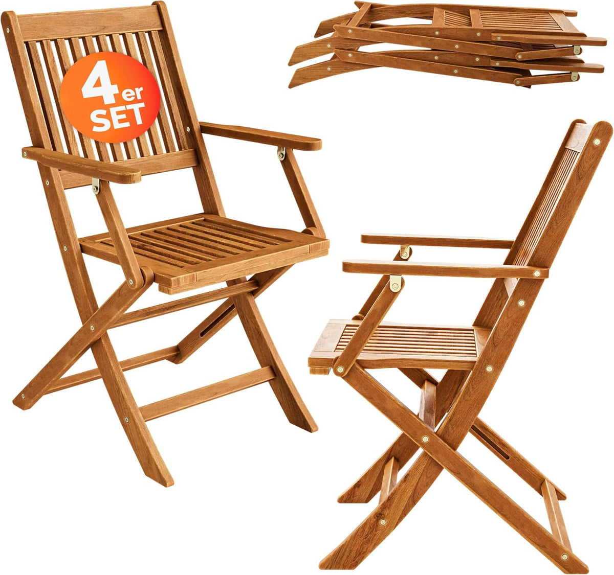 Gartenstuhl 4er Set, Sydney FSC®-zertifiziertes Akazienholz klappbar Klappstuhl Hochlehner Garten Klappsessel, CASARIA