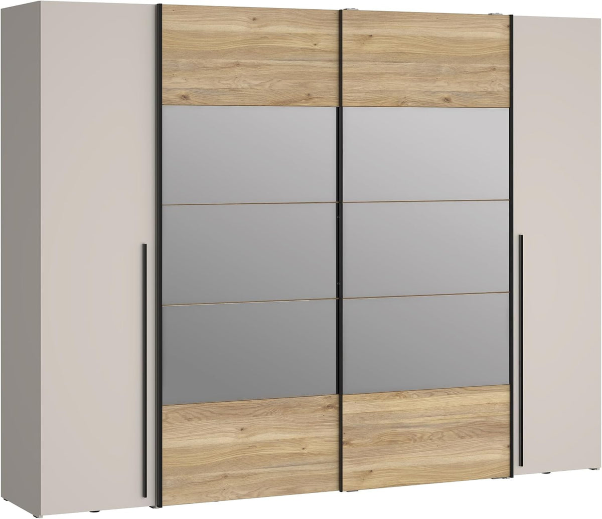 Kleiderschrank NARAGO, 270, moderner Dreh-/Schwebetürenschrank, 4-türig, Einlegeböden, Kleiderstangen, Holzwerkstoff, Eiche Holzdekor/Kaschmir Beige