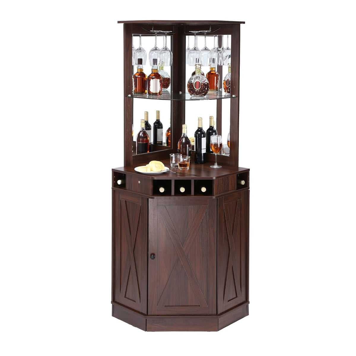 Sideboard Industrieller Eck-Barschrank Weintisch für Spirituosen und Gläser, Buffetschrank mit Glashalter