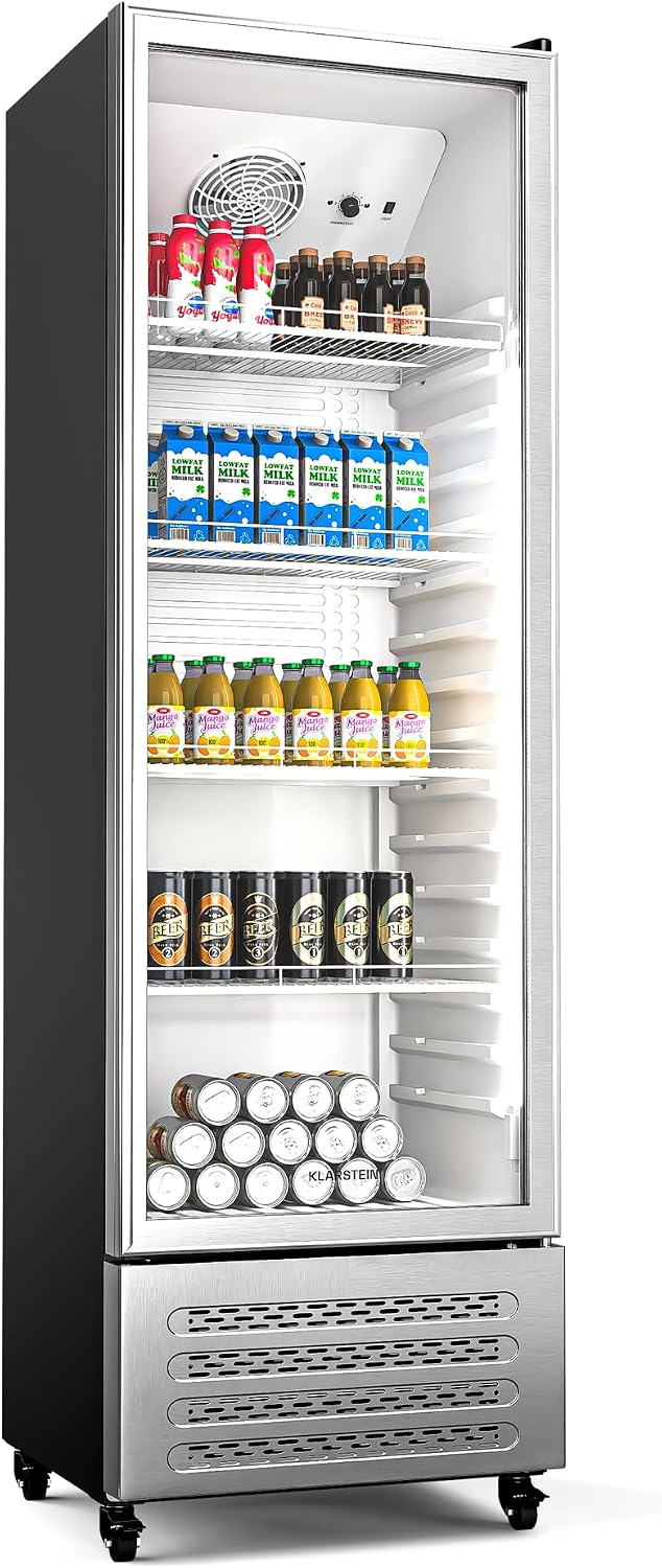Getränkekühlschrank 306L GrandCooler, Doppelverglaste Tür, Aluminium-Tür, LED-Beleuchtung, Mechanischer Thermostat, 0 °C bis 10 °C, 4 Räder