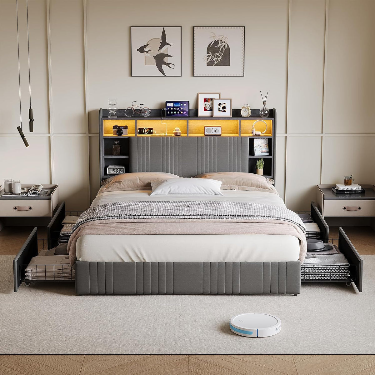 Bett Polster, 160 × 200cm mit LED Beleuchtung, Modernes Doppelbett mit Kopfteil Stauraum & USB Ladestation