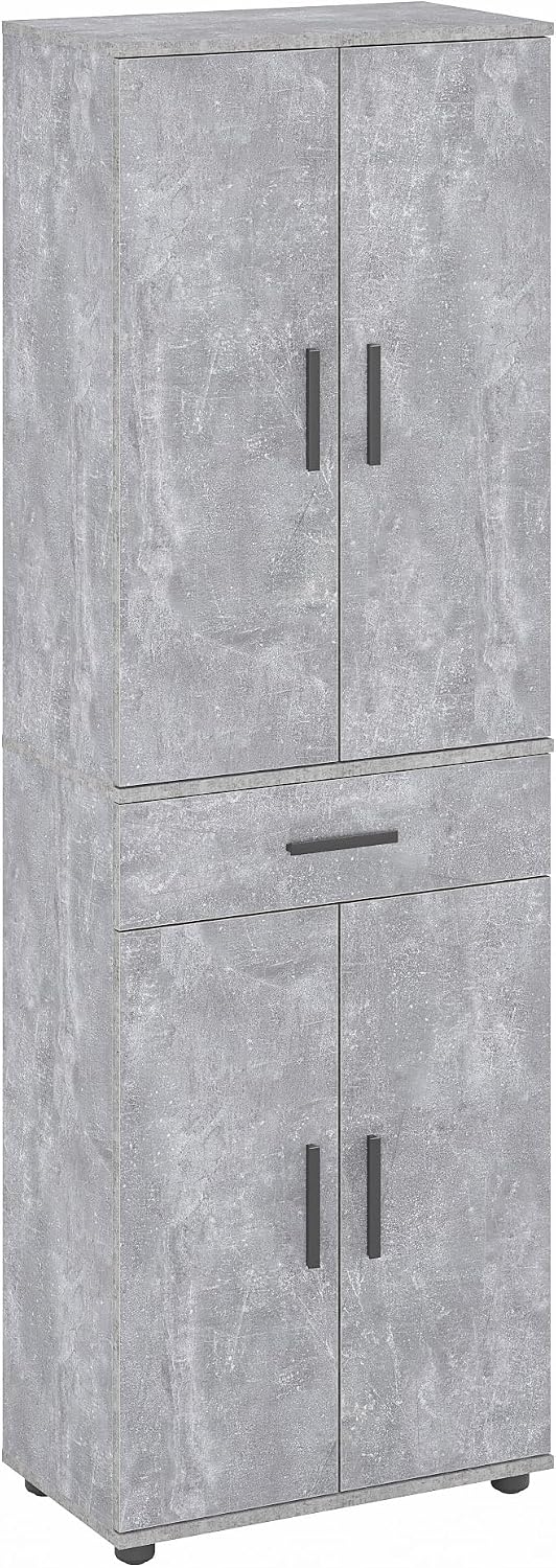 Kleiderschrank 60 Mehrzweckschrank cm Breit - Schrank Beton, mit 1 Schublade, Hochschrank, Büroschrank, Bücherschrank mit 4 Türen, KOMTO