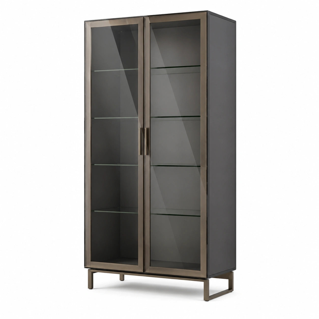 Vitrine Schrank Glas mit 2 Türen und Edelstahlrahmen, Grau