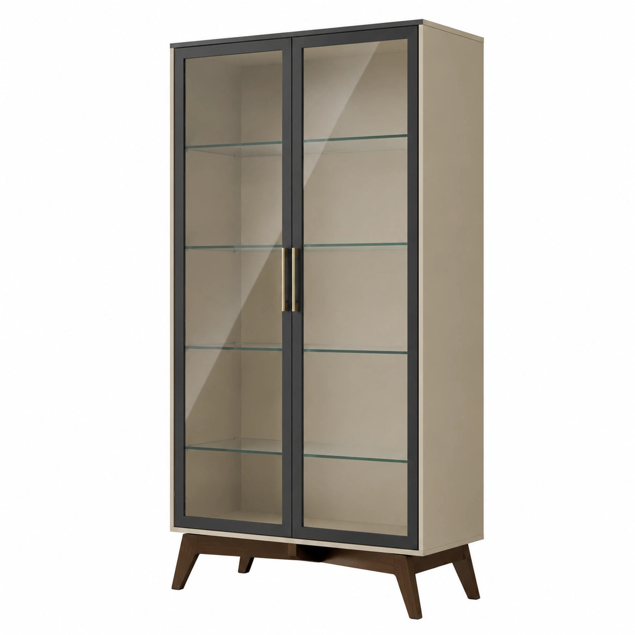 Vitrinenschrank Glas Doppeltüren Holz Beige/Schwarz