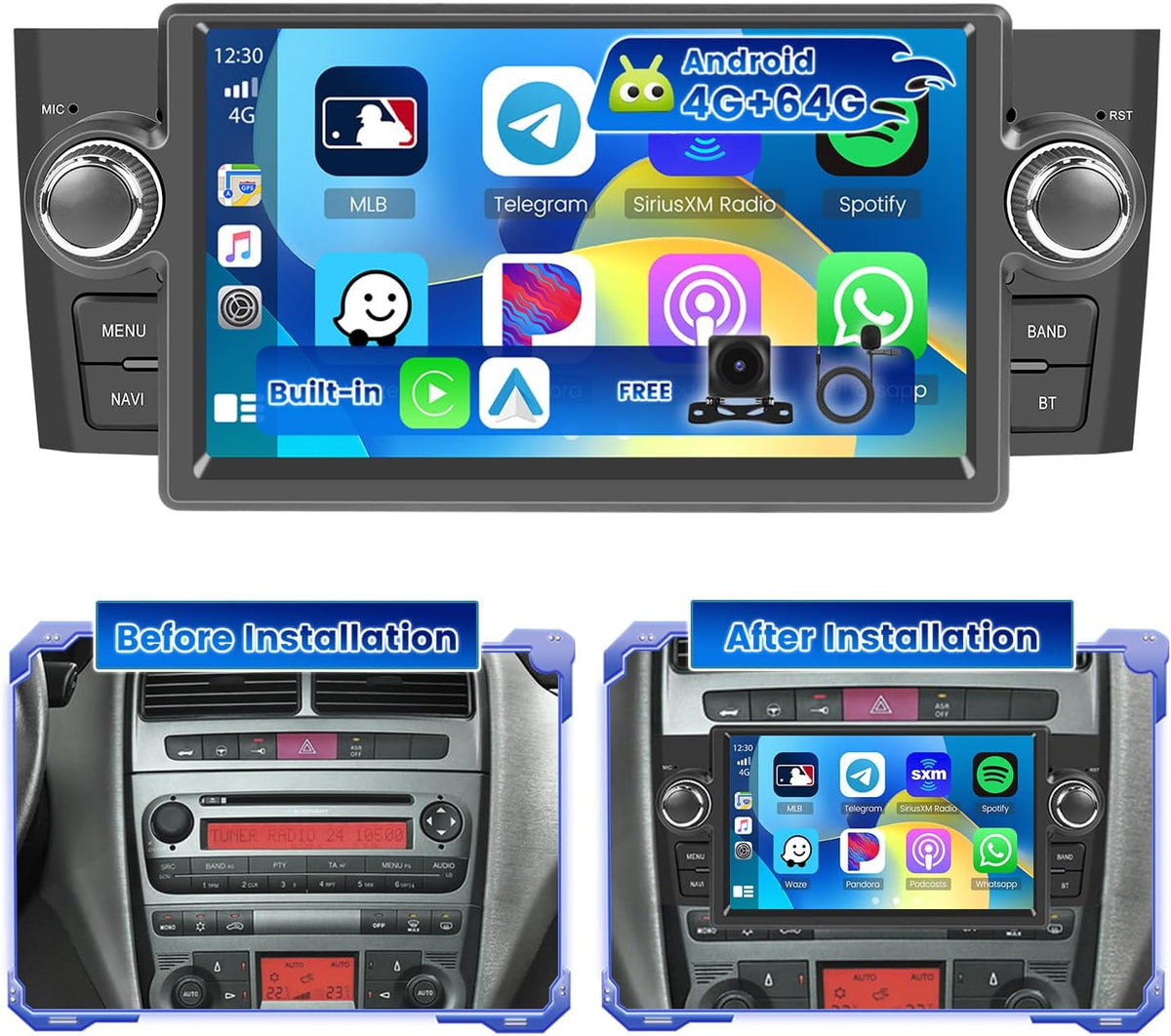 Hikity Auto-Navigation, 4G+64G Android 15 Autoradio für FIAT Punto 2005-2009 7 Zoll CarPlay