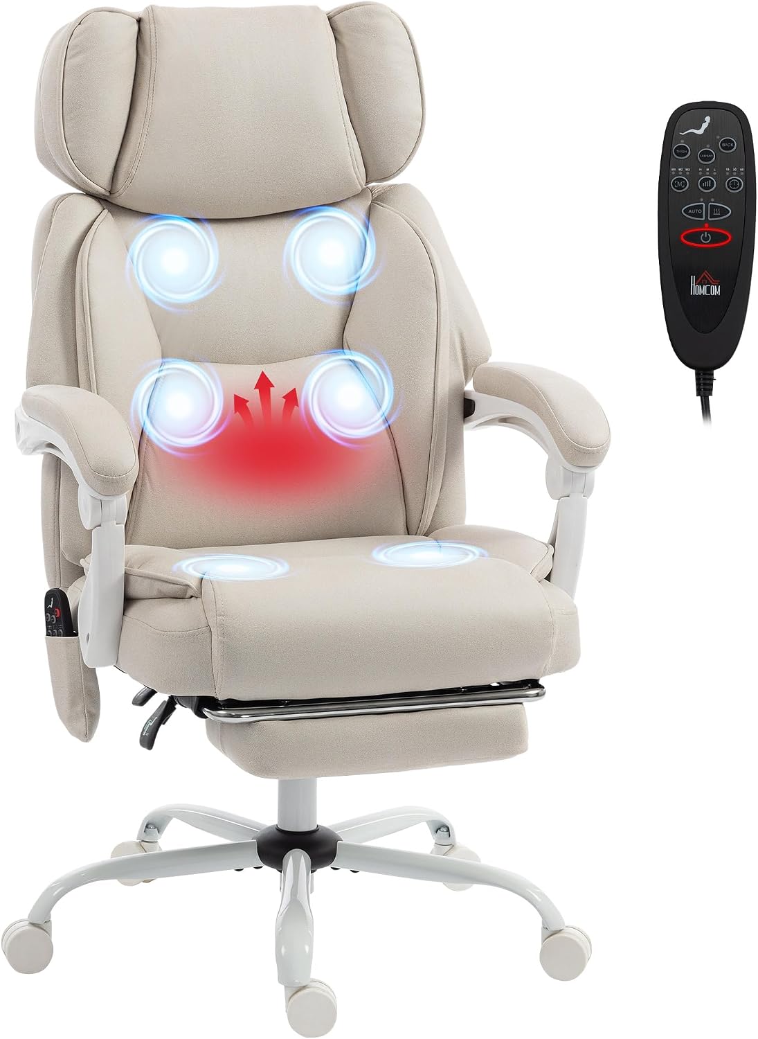 Bürostuhl, mit Massagefunktion Ergonomisch Leathaire-Stoff Cremeweiß, HOMCOM