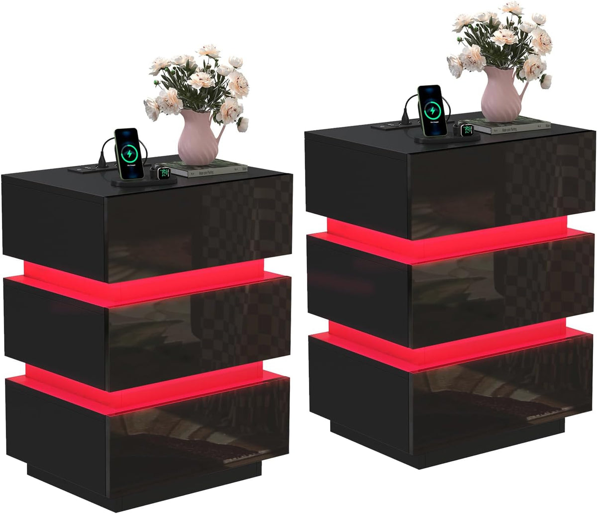 Nachttische, Nachtschrank mit led, Nachtkommode mit ladefunktion und USB, 3 Schubladen (45x35x62cm, Schwarz), Lvhcmfohm