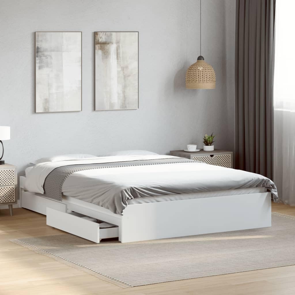 Bett, gestell Bett mit Schubladen für Schlafzimmer Bettrahmen mit Lattenrost Schlafzimmerbett Doppelbett Weiß 140 × 200 cm Holzwerkstoff, Refined