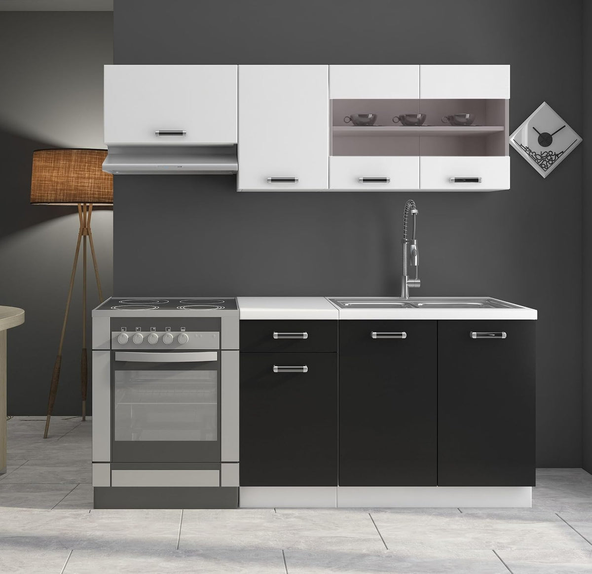 Kuechen-preisbombe 180 Küche Omega Mini cm Küchenzeile, Küchenblock Singleküche Schwarz Weiss