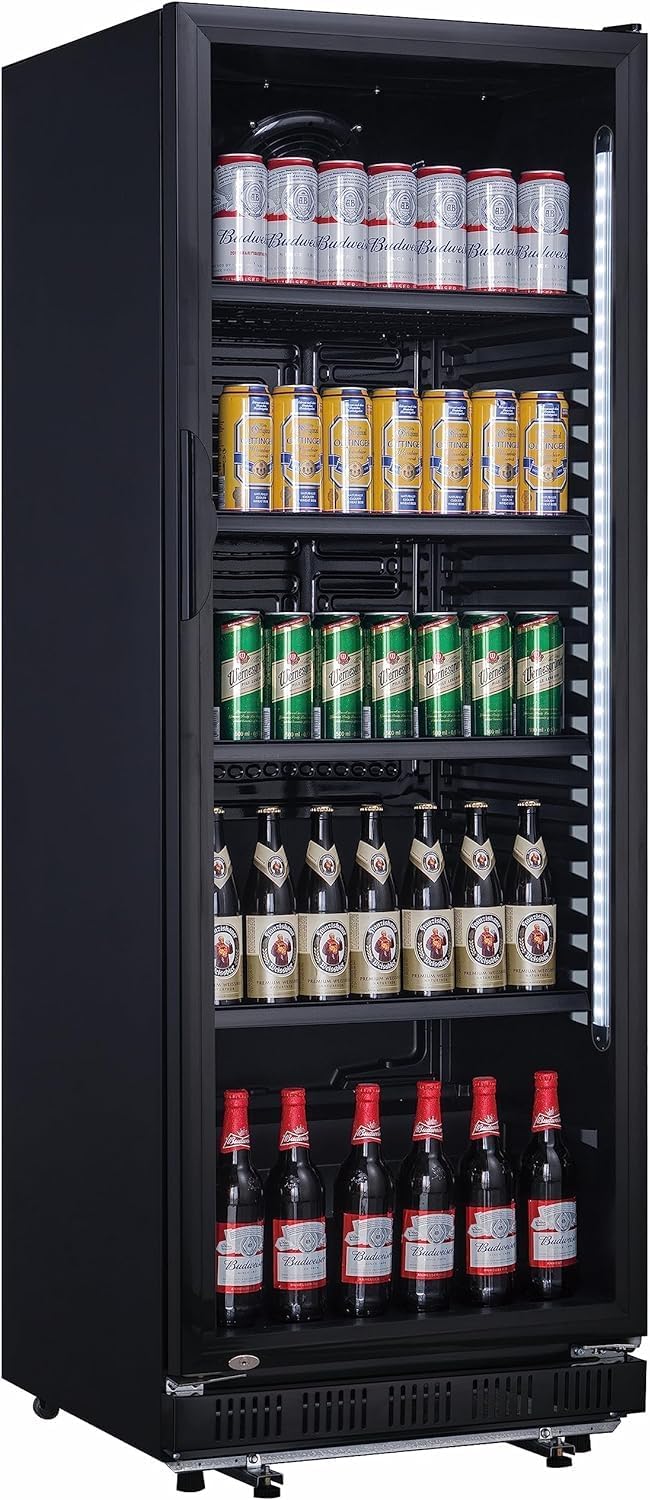 Getränkekühlschrank 360 Flaschenkühlschrank Liter, Flaschenkühler mit Glastür Abschließbar, 5 Verstellbare Roste, Gehäuse aus Stahl, Schwarz