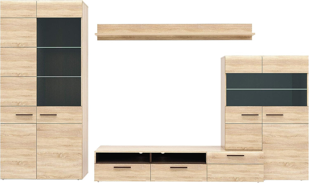 Sideboard, Combino Wohnwand mit 2 Türen, 3 Glastüren und 2 Schubladen, Holzwerkstoff, Sonoma Eiche/ Denver Eiche/Wenge, 197 x 330 x 52 cm, Forte