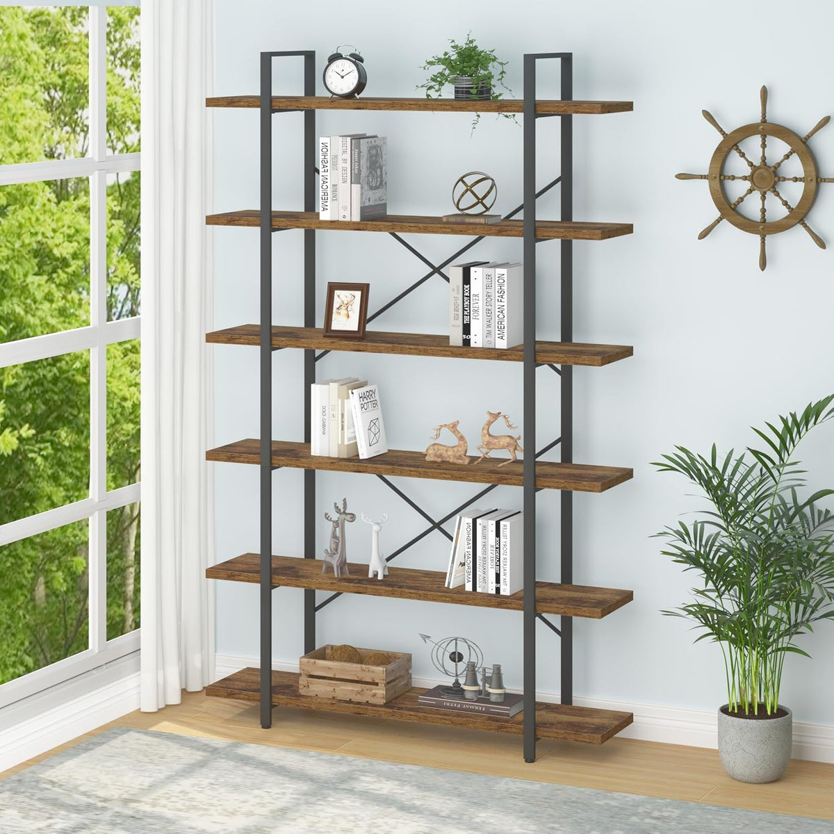 Standregal Bücherregal Regal Holz, mit 6 Ebenen Wohnzimmerregal Industrie-Design Büroregal offene Ablagen für Wohnzimmer Büro Schlafzimmer Küche