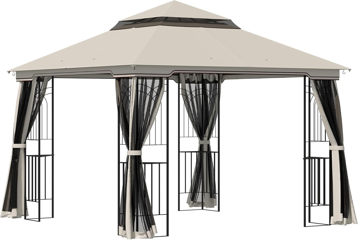 Outsunny Gartenlauben, Gartenpavillon Doppeldach 4 x Seitenwände 3 x 3 m Beige