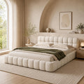Bett Bubble, 140 × 200, Jugendbett Bettgestell mit Gepolstertes Kopfteil für Schlafzimmer und Gästezimmer, ohne Matratze, Leinenstoff (Beige), DULRLLY