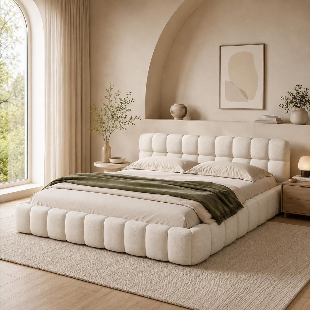Bett Bubble, 140 × 200, Jugendbett Bettgestell mit Gepolstertes Kopfteil für Schlafzimmer und Gästezimmer, ohne Matratze, Leinenstoff (Beige), DULRLLY