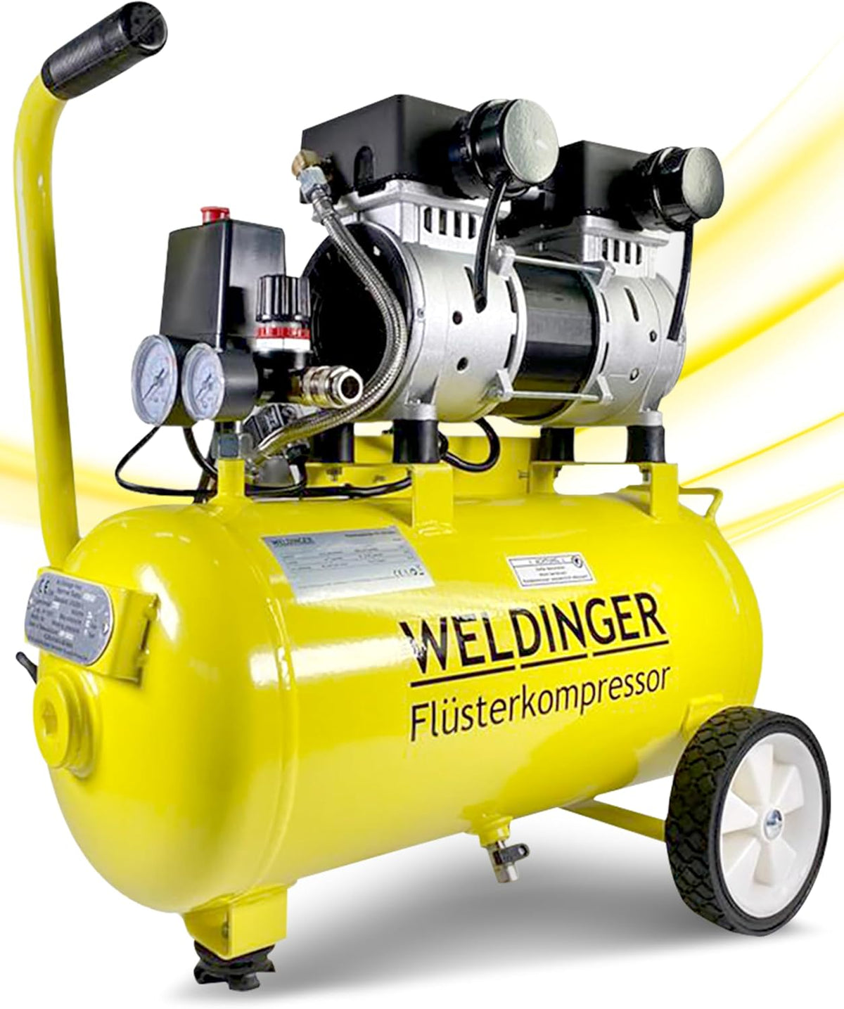 WELDINGER Flüster Kompressor, FK 120 turbo pro 1500 W Luftabgabe 202 l/min ölfrei innenbeschichteter 24 l Tank Druckregler 5 Jahre Garantie